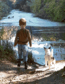 Little Explorer and His Canine Companion by the Pond Cross Stitch Pattern - Embroidered