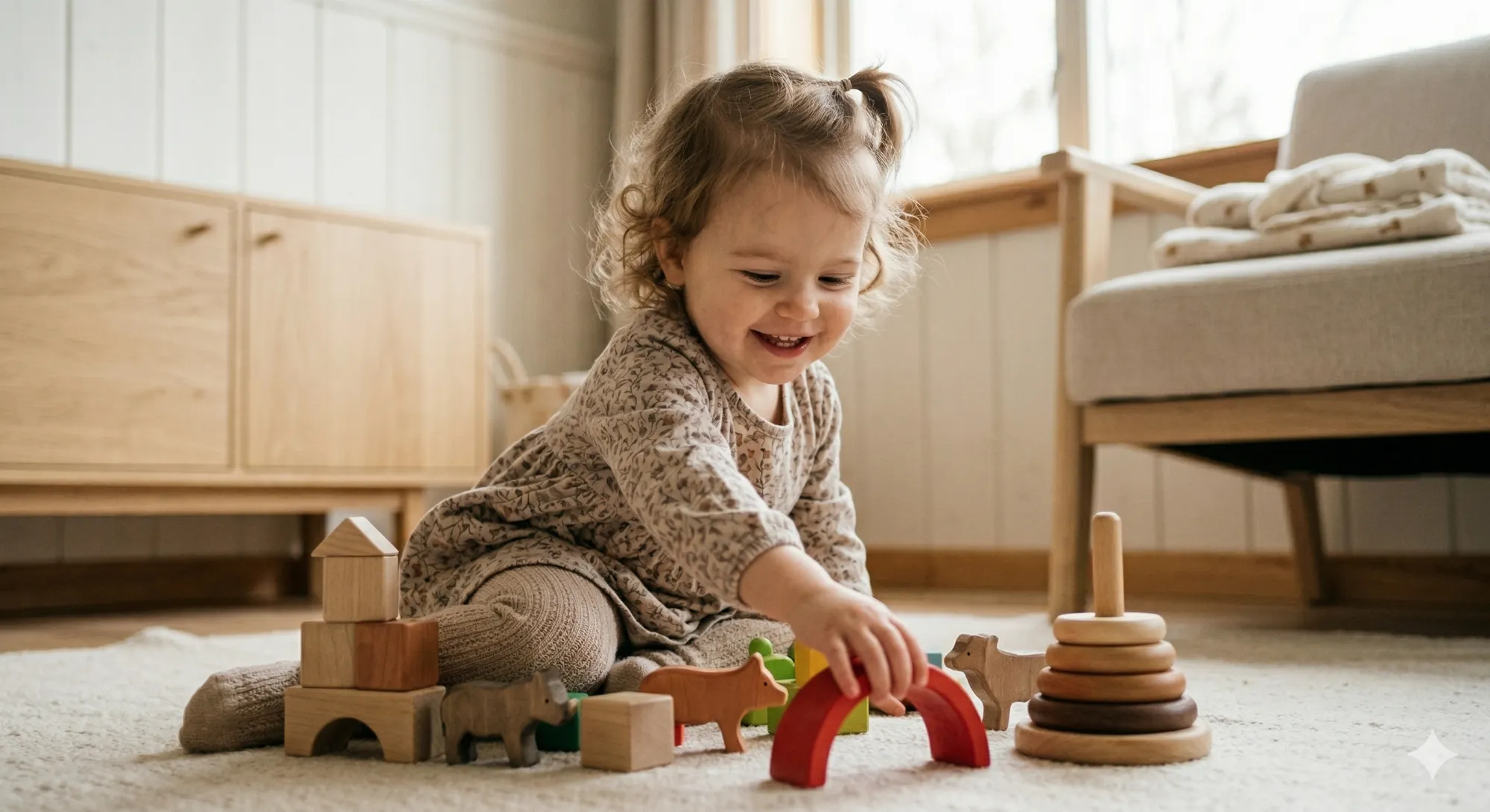 Happy Toddler Playing with Wooden Toys Cross Stitch Pattern